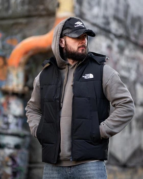Жилетка мужская The North Face черная, теплая демисезонная безрукавка с капюшоном, плащевка, весенняя XXXL