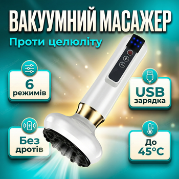Массажер вакуумный 6 уровней массажа антицеллюлитный лимфодренажный гуаша портативный аккумуляторный белый