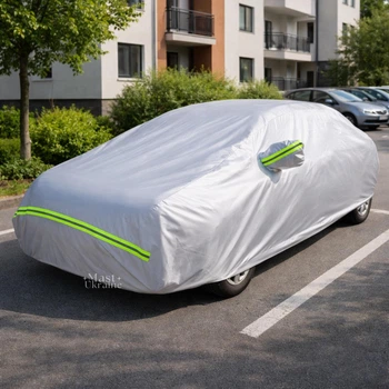 Чехол для авто водонепроницаемый XL 464×182×146 см, защитный автомобильный тент с карманами для зеркал от дождя, снега, солнца, пыли, тент-чехол для машины на резинке с УФ-защитой, зима-лето Серый, ZCHDL-2