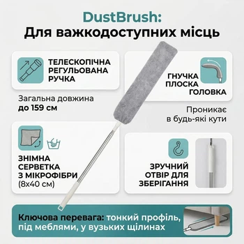 Плоская щетка для труднодоступных мест с телескопической ручкой DustBrush