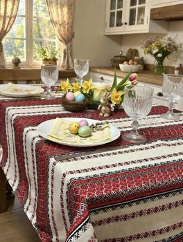 Етнічна вишита льняна скатертина Handmade в Українському стилі Червона 110х145см.