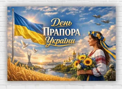 Паперовий плакат "День прапора України. Українка з квітами" 110х75 см