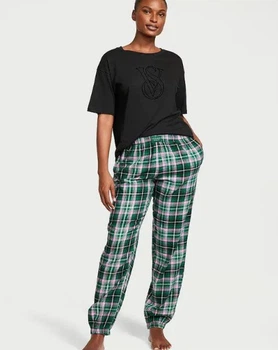 Піжама фланелева Victoria's Secret Cotton & Flannel Tee-jama Set M (Чорно-зелений в клітинку)