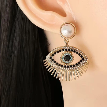 Серьги-подвески Глаз с жемчужиной Evil Eye со стразами золотистые Podarkus BK1116-G