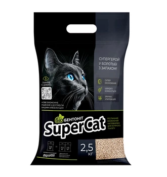 Наполнитель для кошек SuperCat Биобентонит растительный комкующийся 2,5 кг натуральный экологичный поглощает запах можно смывать в унитаз Артикул 3533