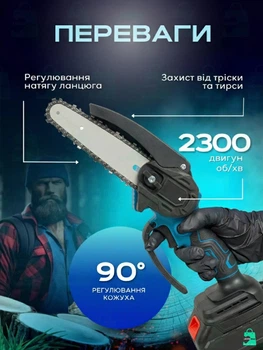 Акумуляторна ланцюгова міні електрична пилка 6″, для обрізання дерев і розпилювання дров + 2 акумулятори 21V, Блакитна (90776891)