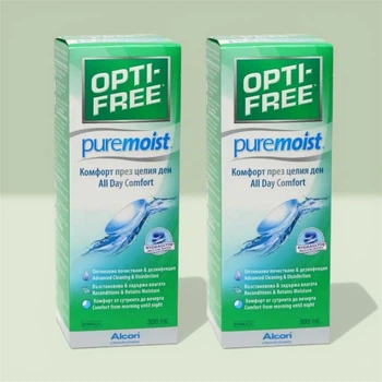 Комплект 2 шт розчин для контактних лінз Alcon Opti-Free PureMoist 300 мл + контейнер догляд дезінфекція ополіскування зволоження комфорт очей Опті-Фрі Пур Моіст