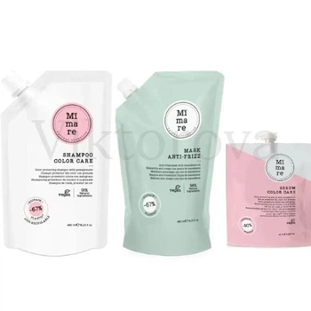 Набор для защиты цвета и разглаживания волос Mimare: Шампунь Mimare Color Care Shampoo 480 мл + Маска Mimare Anti-Frizz Mask 480 мл + Серум Mimare Color Care Serum 40 мл