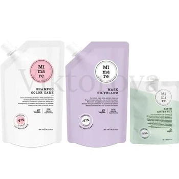 Набор для защиты цвета волос и против желтизны Mimare: Шампунь Mimare Color Care Shampoo 480 мл + Маска Mimare No-Yellow Mask 480 мл + Серум против пушистости Mimare Anti-frizz 40 мл