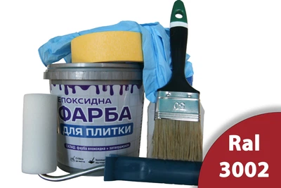 Эпоксидная краска для плитки ArtCraft 1,5 кг Красная двухкомпонентная (А+В) + набор для покраски (валик, кисть, перчатки, малярная лента)