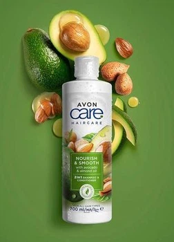 Шампунь-кондиціонер для волосся 2-в-1 Avon Care Haircare Nourish & Smooth With Avocado & Almond Oil 2 in 1 Shampoo & Conditioner "Інтенсивне живлення" з олією авокадо та мигдалем 700 мл