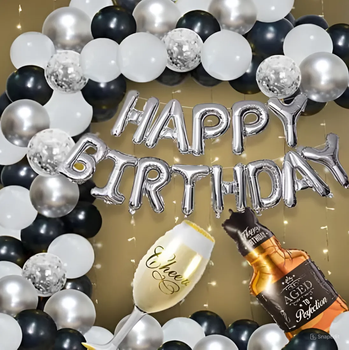 Набір 75 повітряних куль для фотозони чоловікові Happy birthday з келихом і віскі Срібло і чорний