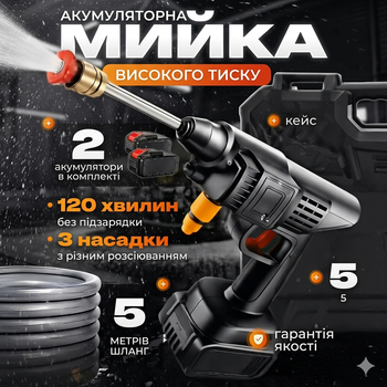 Аккумуляторная мойка высокого давления 48V, 50 бар, 1000 Вт — Садовый пистолет-распылитель с 2 АКБ и кейсом