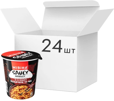 Упаковка вермішелі швидкого приготування Мівіна Saucy Noodles Гостра в густому соусі зі смаком яловичини та чилі 75 г х 24 шт (8445292341387)