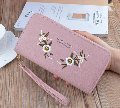 Модный женский кошелек клатч с вышивкой цветами на молнии Store Розовый
