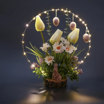 Пасхальная интерьерная композиция Gala Decor с зайчиком в цветах на деревянном срезе с LED-подсветкой (30х30 см)