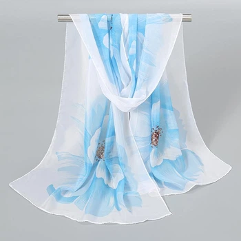 Шарф жіночий шифоновий з квітковим принтом 150 на 45 см біло-блакитний