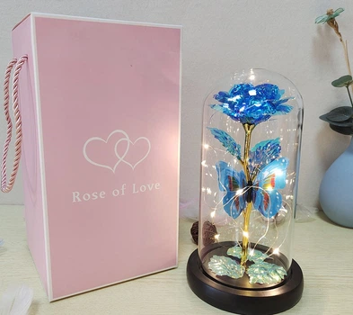 Синяя Роза на деревянной подставке в стеклянной колбе с LED подсветкой Rose of Love на батарейках
