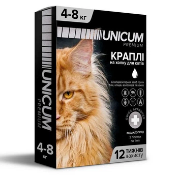 Противопаразитарные капли на холку против блох и клещей для котов (1 пипетка) Unicum Premium 1 шт. (4-8 кг) (4820150201777)