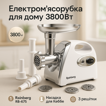 Мясорубка Rainberg RB-675 3800W с соковыжималкой, электрическая с насадками для шинковки. Цвет: белый