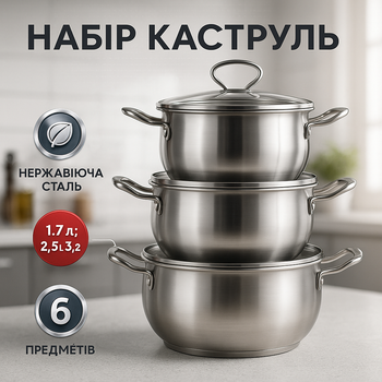 Набір каструль із нержавіючої сталі з кришками UNIQUE UN-5074, набір посуду для електричних плит