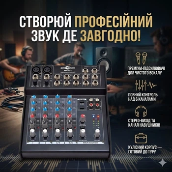 Компактный 6-канальный микшерный пульт Gear4 music ME602 с фантомным питанием