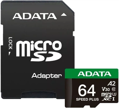 Карта пам'яті microSD Adata Speed Plus 64GB з адаптером SD (UD64GUI3V30A2SP-RA1)