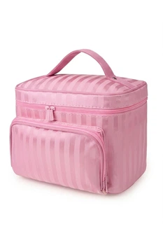 Косметичка дорожная Travel Bag Stripe ⬩ бьюти-кейс женский с зеркалом ⬩ розовая в полоску