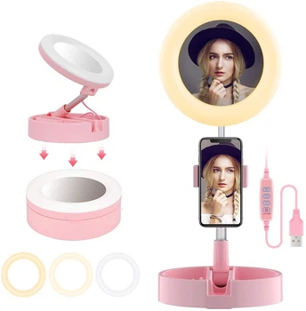 Селфи лампа кольцевая складная настольная Ring Light G3 16см с держателем для смартфона и зеркалом с подсветкой Розовая