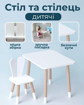 Дитячий комплект меблів столик 46×60×45 см та стільчик із «вушками зайчика» 26,5×26×25 см, стіл та стілець підходить для дітей до 7 років, білий колір