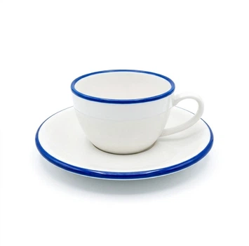 Чашка с блюдцем IDEAL Ceramic, 150 мл, светло-бежевого цвета с синим ободком по краю