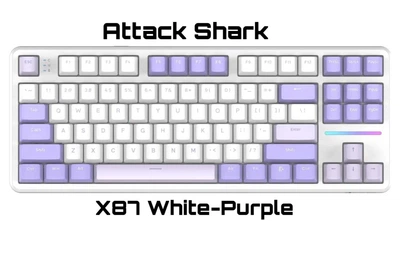 Клавиатура Attack Shark X87 White-Purple Беcпроводная Игровая Механичиская. 2.4G/Bluetooth/Кабель. Батарея 4000mAh. 80%. TKL. Strawberry Switch