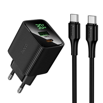 Зарядное устройство с быстрой зарядкой и дисплеем и кабелем C to C 60W HOCO CS84A PD 30W + QC3.0 Type-C + USB