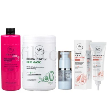 Набір для інтенсивного зволоження волосся My Cosm: Шампунь My Cosm My Care Intensive Hydration 500 мл + Маска My Cosm Hydra Power 1000 мл + Олія MY cosm myrrh oil 30 мл + Пілінг My Cosm Enzyme Scalp Exfoliator 125 мл
