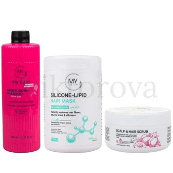 Набор для интенсивного увлажнения и укрепления волос My Cosm: Шампунь My Cosm My Care Intensive Hydration 500 мл + Маска My Cosm Silicone-Lipid 1000 мл + Скраб My Cosm Scalp & Hair Scrub 250 мл