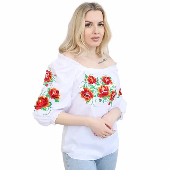 Жіноча вишита блуза Довершеність з маками та ромашками рукав 3/4 XL