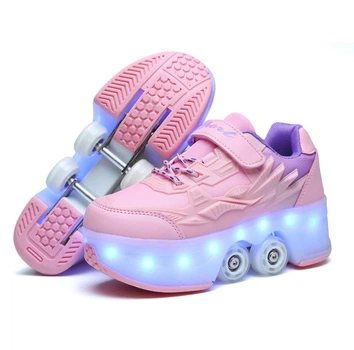 Кроссовки-ролики на 4-х колесах с LED-подсветкой, розовые (DL139) Р.38(24см)