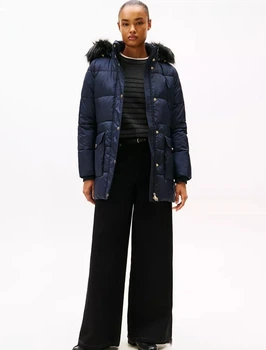Женская куртка-пуховик Tommy Hilfiger Classic удлиненная Premium (Long Parka) — водонепроницаемая, съемный капюшон и мех (Detachable Hood & Fur) M темно-синяя