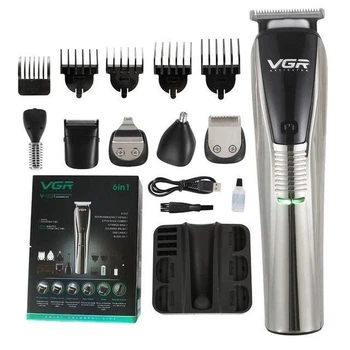 Машинка для стрижки VGR V-029 акумуляторна 6 в 1, тример для бороди, вусів, носа і тіла, професійна машинка з насадками, USB зарядка, Li-Ion, 100 хв роботи