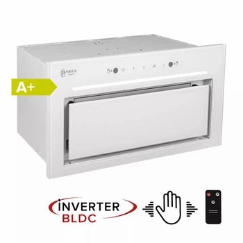 Кухонная вытяжка с управлением жестами Perfelli Design FILINI 5 BIANCO SILENZIO, белая полновстроенная мощная вытяжка на кухню