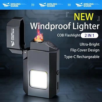 Акумуляторний COB ліхтарик-брелок Smiling Shark: вбудована запальничка, USB-зарядка, 3 режими світла, водонепроникний