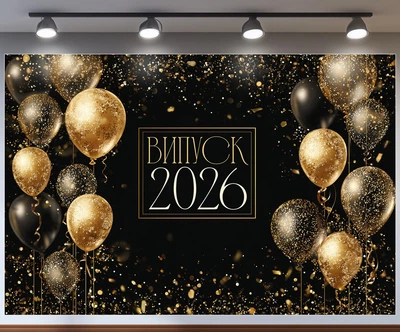 Баннер для фотозоны Выпуск 2026 стильный черный с золотыми шариками 300x200см, №41402