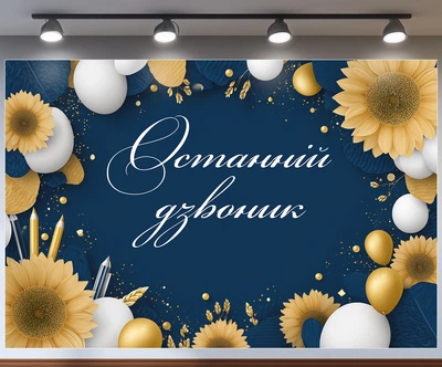 Фотозона на выпуск Последний звонок темно-синяя с подсолнухами и ручками 180x120см, №41396