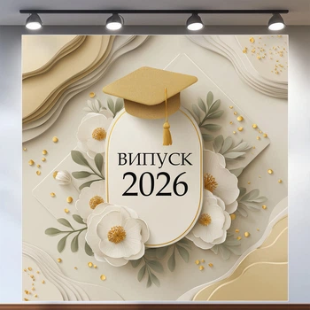 Светлый баннер Выпуск 2026 с белыми цветами и бежевым декором для фотозоны 120x120 см, №41071
