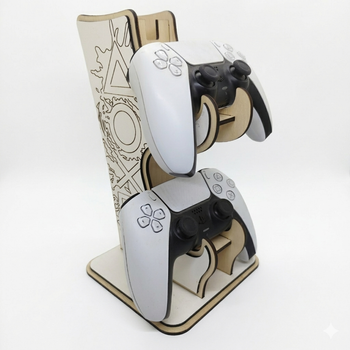 Деревянный держатель для геймпада PS5 / подставка для джойстика PlayStation DualSense и наушники 15х15х26.5см Белый/Коричневый