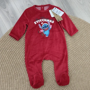 Пижама слип Kiabi велюровая красная Stitch для малыша, застёжки сзади 74