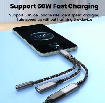 Переходник 60W 3в1 для Samsung S25, S25+, S25Ultra\ Type-c - AUX 3.5,Type-c( зарядка), AUX Type-c\Черный-Серый