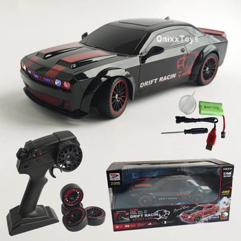 Машинка для дрифта на радиоуправлении Dodge Challenger Hellcat 4WD 1:14 с паром, неоновой подсветкой, сменными колесами, 27 см (Black)