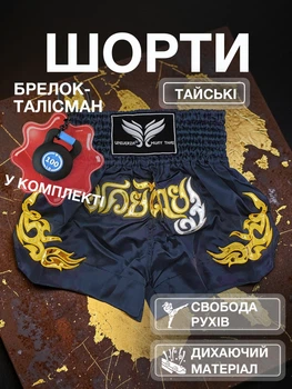 Комплект тайские шорты и брелок-талисман гиря для кикбоксинга мма муай тай тайского бокса смешанных единоборств мужские женские детские спортивные в зал с разрезами боксерские тренировочные сатиновые широкий пояс Univerza Черные 4_3_XL_1BB