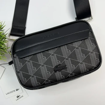 Чоловіча сумка месенджер Lacoste Monogram чорна через плече кросбоді сумка для документів телефону та повсякденних речей компактна сумка для міста роботи та подорожей
